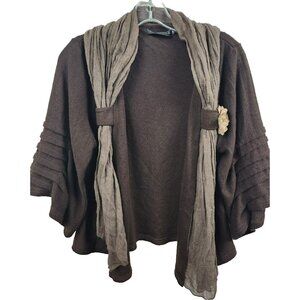 Vandana Womens Lagenlook Cardigan Medium Brown Drape Front Flare Sleeve Artsy